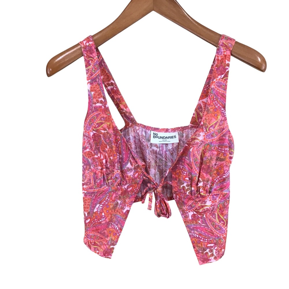 No Boundaries Pink Paisley Tie Front Handkerchief Hem Crop Top XXS 00 New